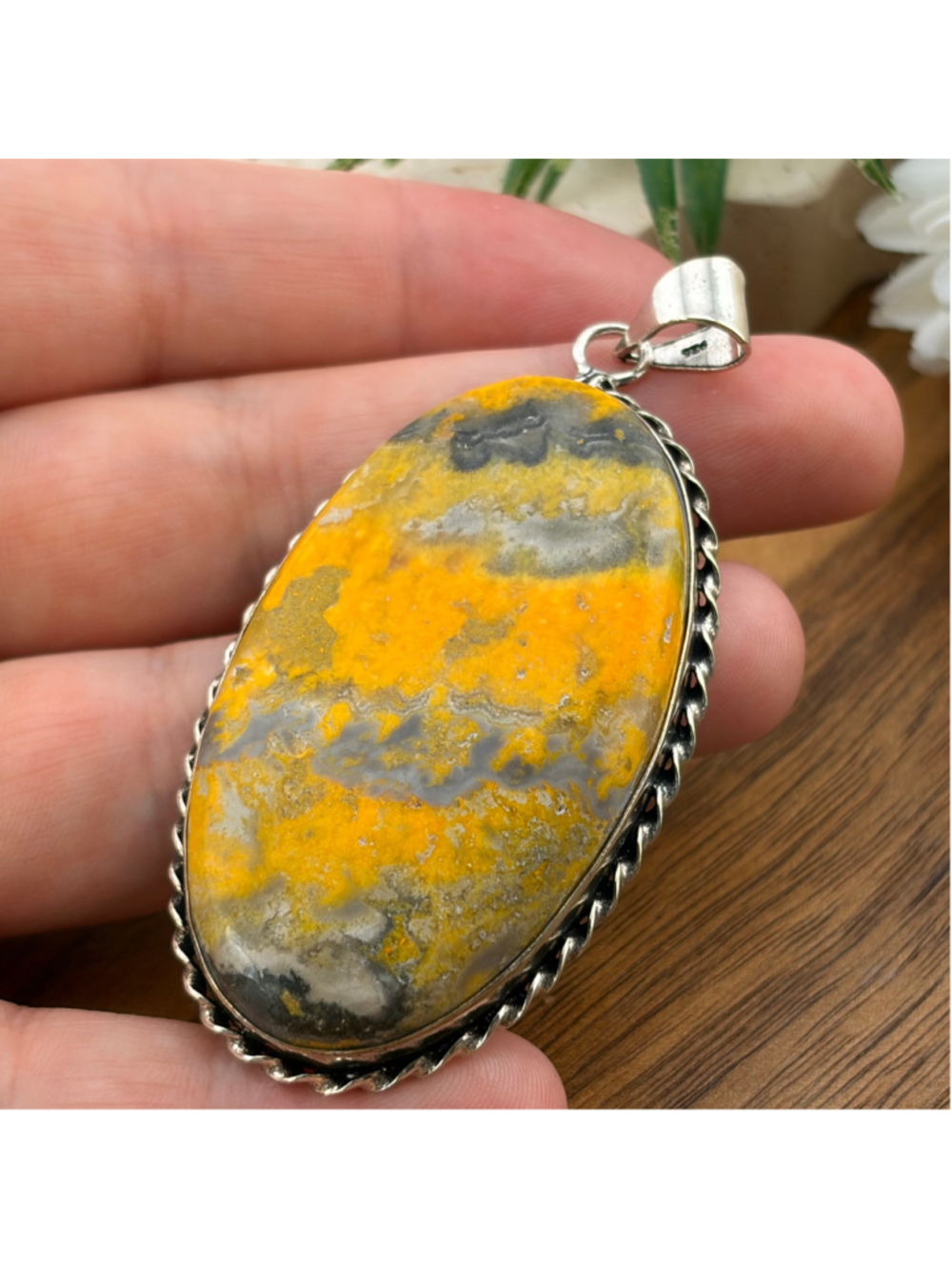 Bumble Bee Jasper Pendant Southwest Vintage Style 925 Sterling Silver Overlay